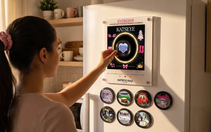 Una chica apoya un disco en el aro del tocadiscos pegado a la nevera de la cocina