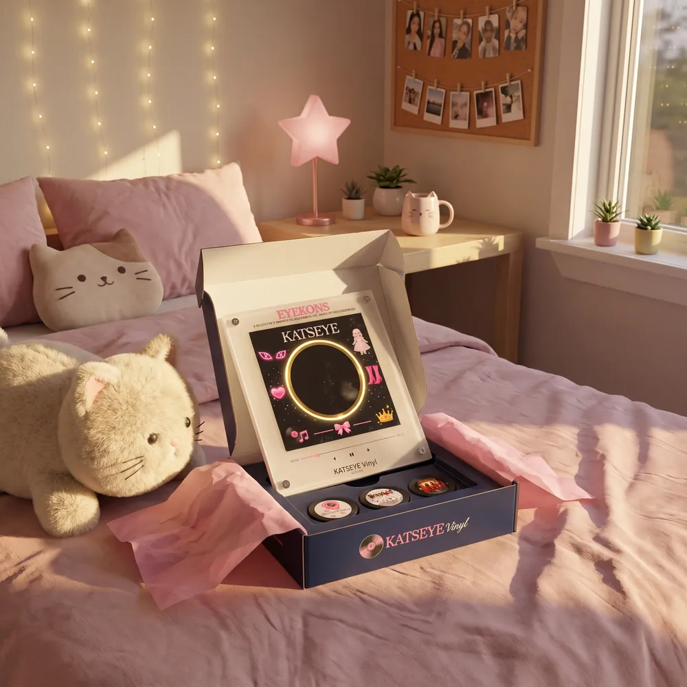 La caja de regalo abierta con el tocadiscos y los discos dentro